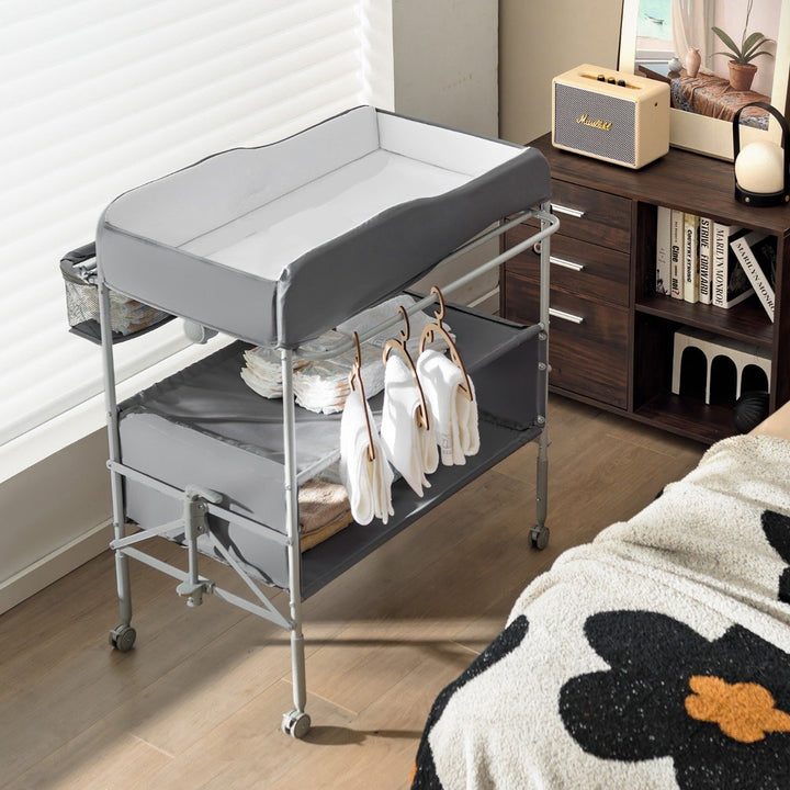 Folding Nursery Changing Table with Lockable Wheels-Grey