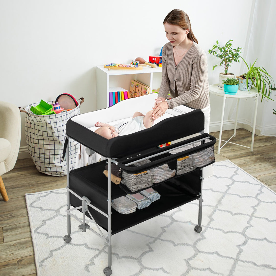 Folding Nursery Changing Table with Storage Basket-Black