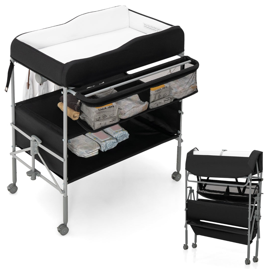 Folding Nursery Changing Table with Storage Basket-Black