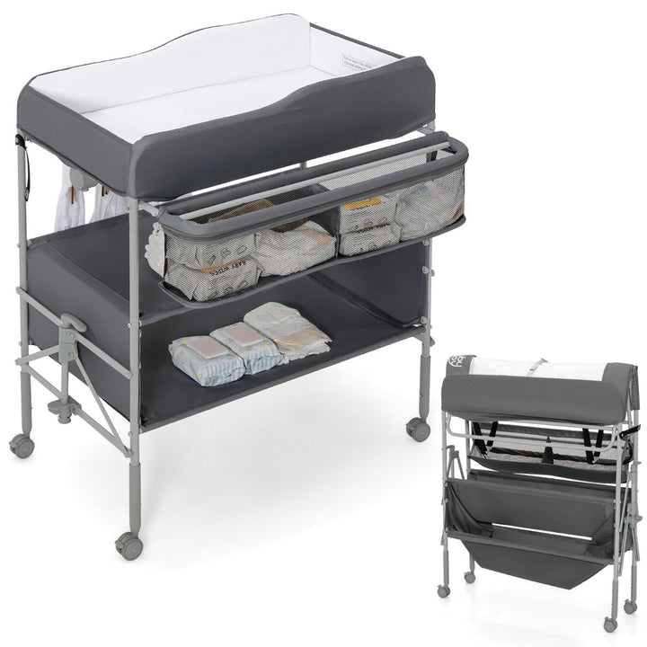 Folding Nursery Changing Table with Lockable Wheels-Grey