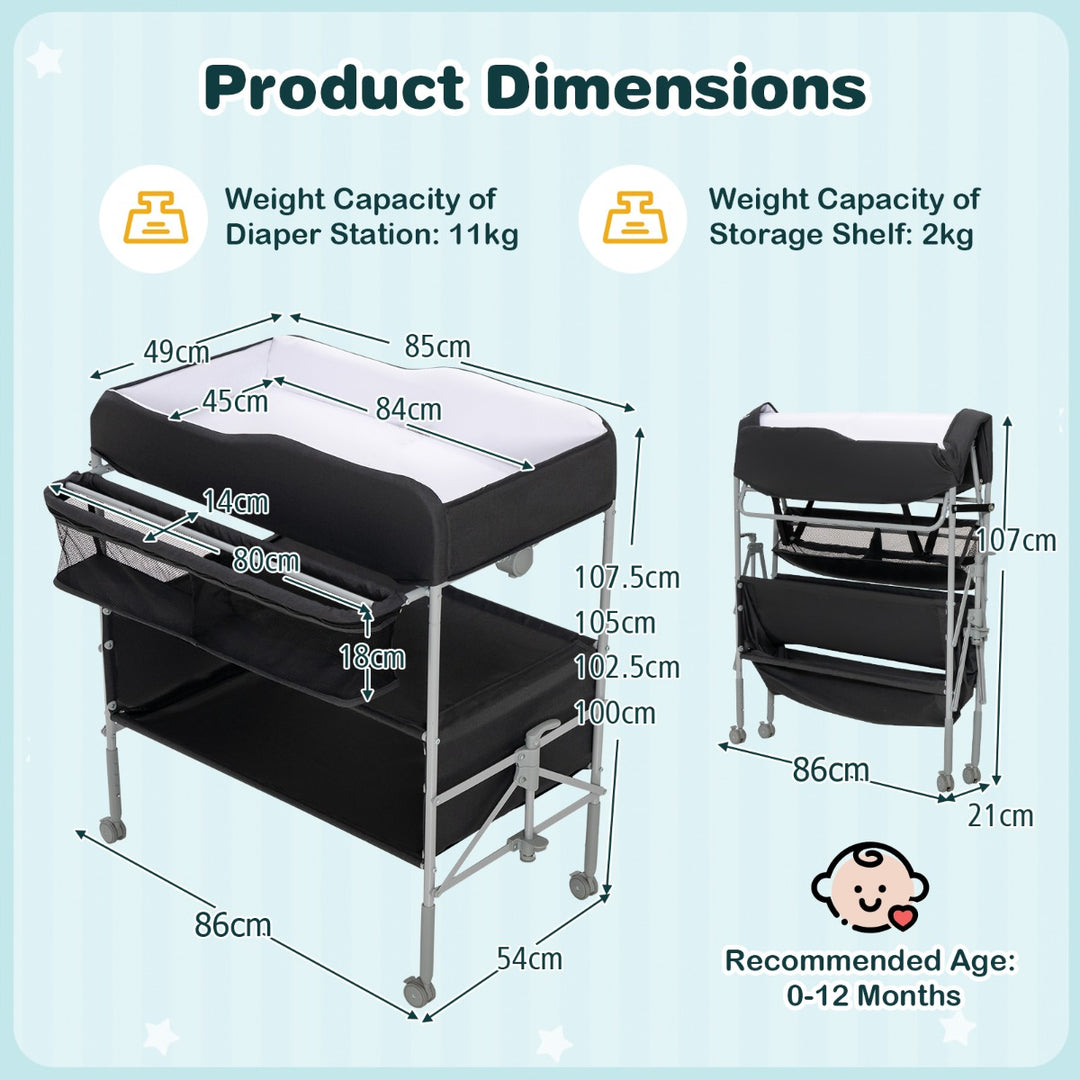 Folding Nursery Changing Table with Storage Basket-Black