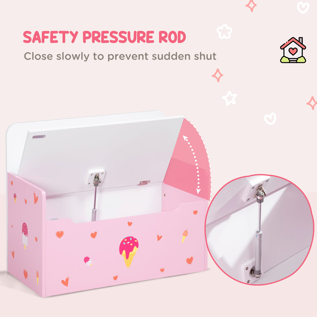 2-IN-1 Wooden Toy Box, Kids Storage Bench Toy Chest with Safety Pneumatic Rod, Cute Pattern, Pink