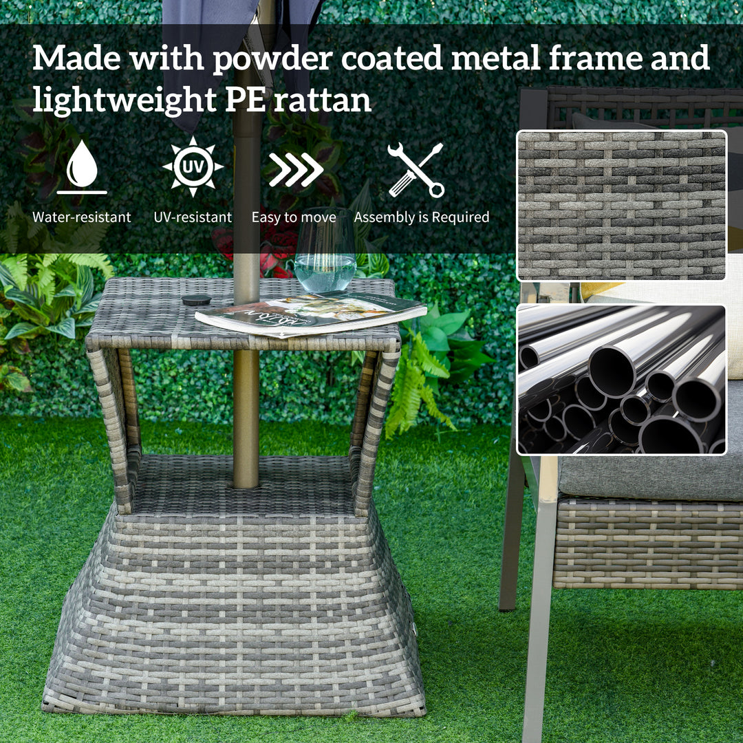 Outdoor Patio Rattan Wicker Coffee Table Bistro Side Table w/ Umbrella Hole and Storage Space, Grey