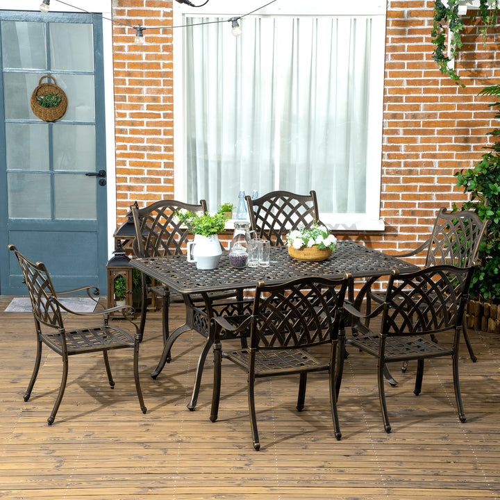 6-Seater Patio Dining Set with Umbrella Hole, Cast Aluminum Patio Furniture Set with Six Cushioned Chairs and Rectangle Dining Table, Bronze