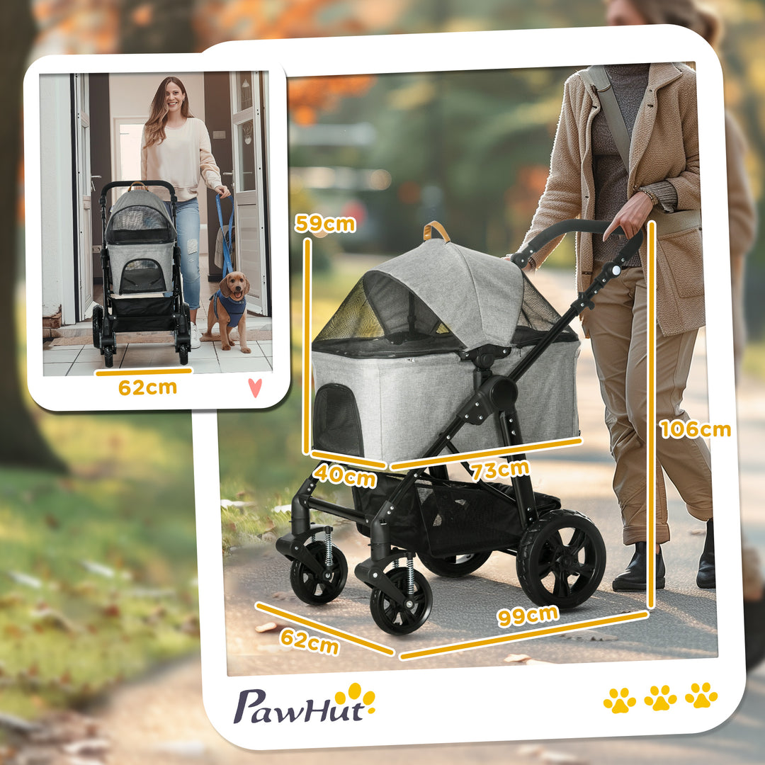 PawHut 2-In-1 Design No-Zip Pet Stroller Detachable Bag Travel Trolley with Shock-absorbing System Brake Basket Adjustable Handlebar Safety Leash Grey