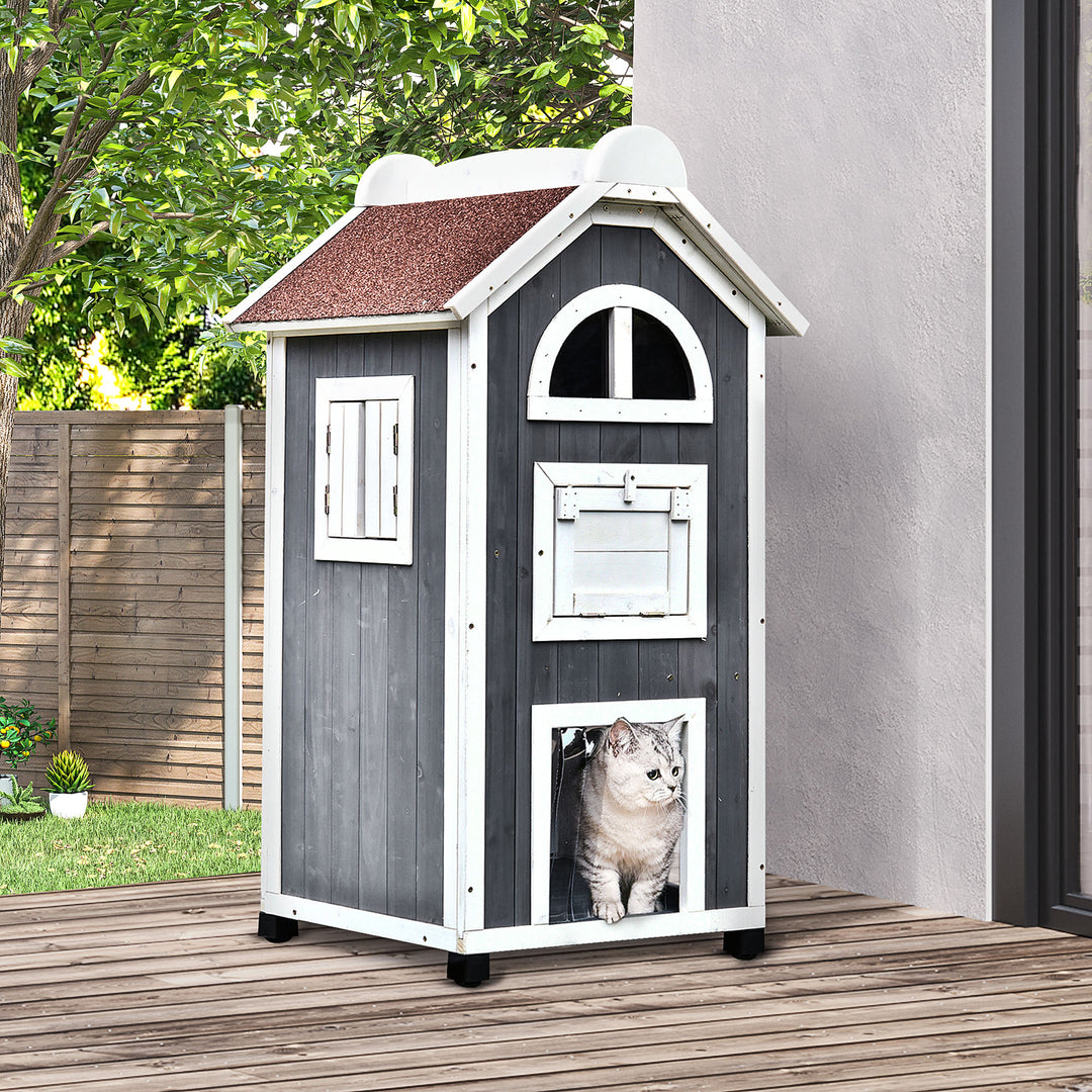 PawHut Wooden Cat House, Weatherproof Pet Shelter, Outdoor Cat Condos Cave, 2 Floor Furniture, Grey and White