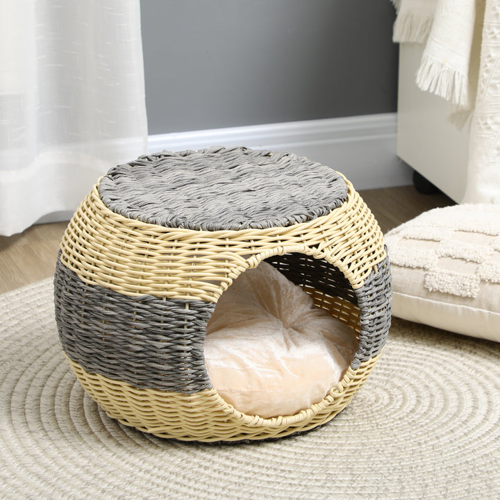 Wicker Cat House, Rattan Raised Cat Bed, Cosy Kitten Cave with Soft Washable Cushion, Φ40 x 30cm