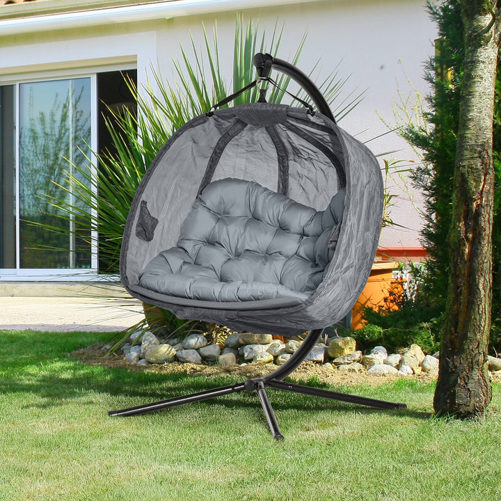 Double Hanging Egg Chair 2 Seaters Swing Hammock Chair with Stand, Cushion and Folding Design, for Indoor and Outdoor, Grey