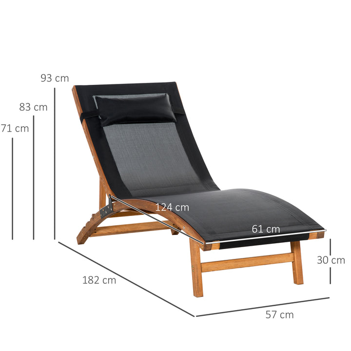 Ergonomic Patio Lounge Chair Wooden Outdoor Chaise w/ 3 Adjustable Back and Removable Headrest Pillow for Garden Black