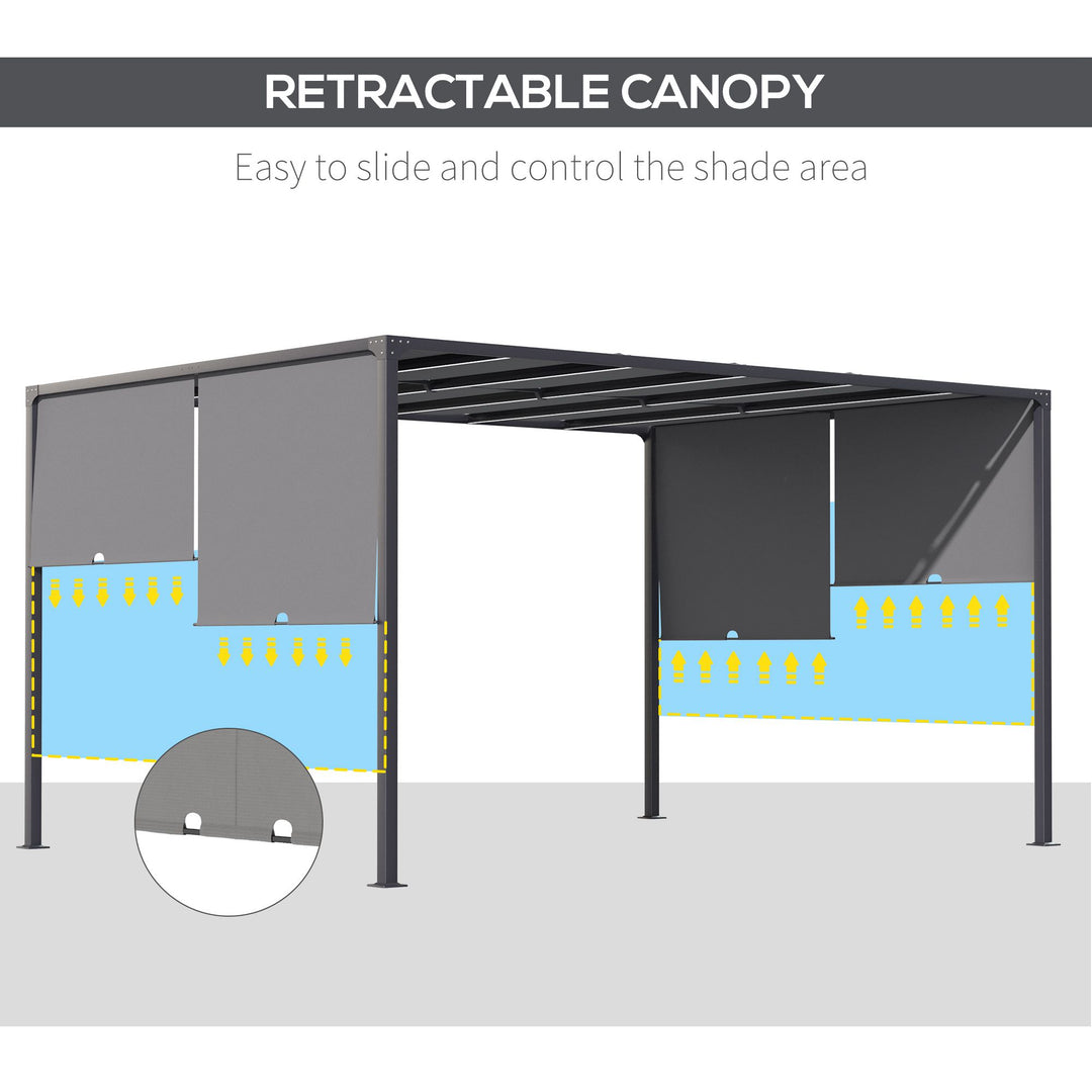 Outdoor Metal Garden Pergola with with Retractable Roof LED Lights, Solar Powered, for BBQ, Lawn, Backyard, Dark Grey