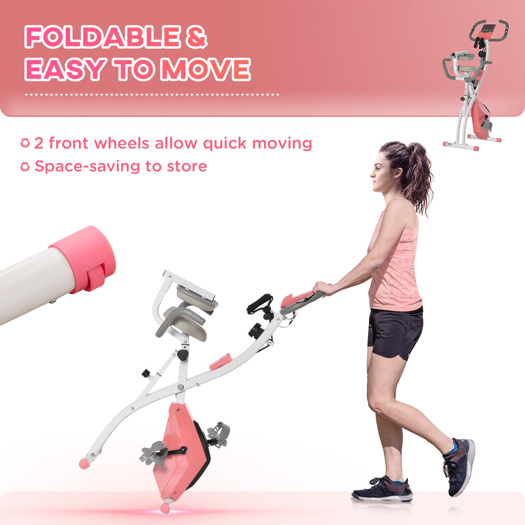 HOMCOM 2-in-1 Upright  Exercise Bike Stationary Foldable Magnetic Recumbent Cycling with Arm Resistance Bands Pink