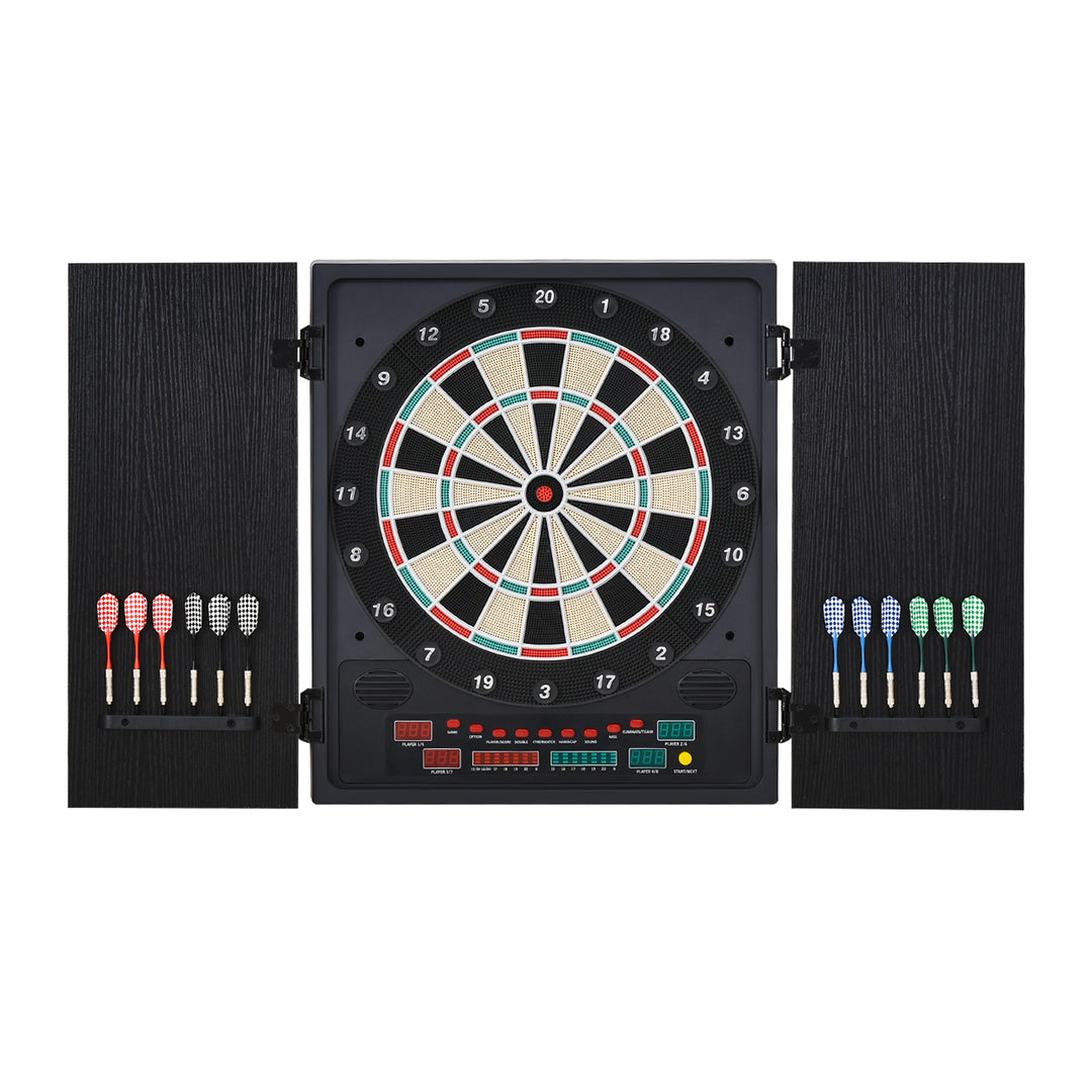 Electronic Dartboard In Case LED Scoreboard w/ 12 Darts 30 Heads Side Storage Cabinet Black White