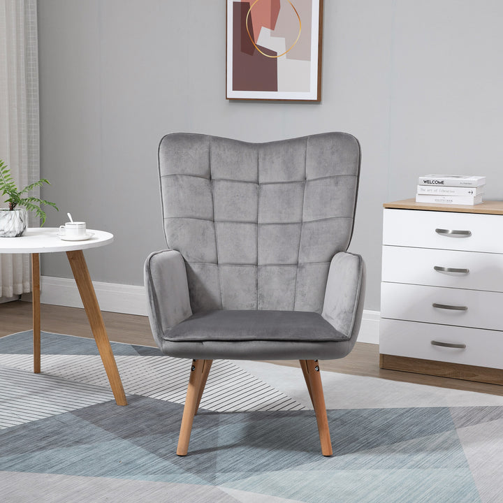 HOMCOM Modern Accent Chair Velvet-Touch Tufted Wingback Armchair Upholstered Leisure Lounge Sofa Club Chair with Wood Legs, Grey