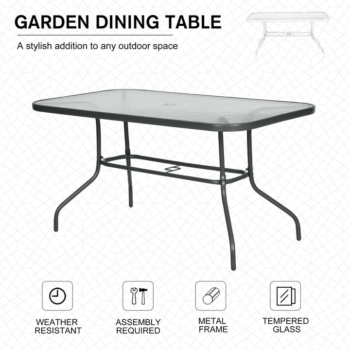 Aquatex Glass Garden Table Curved Metal Frame w/ Parasol Hole 4 Legs Outdoor Dining Sturdy Balcony Friends Family Tempered Grey