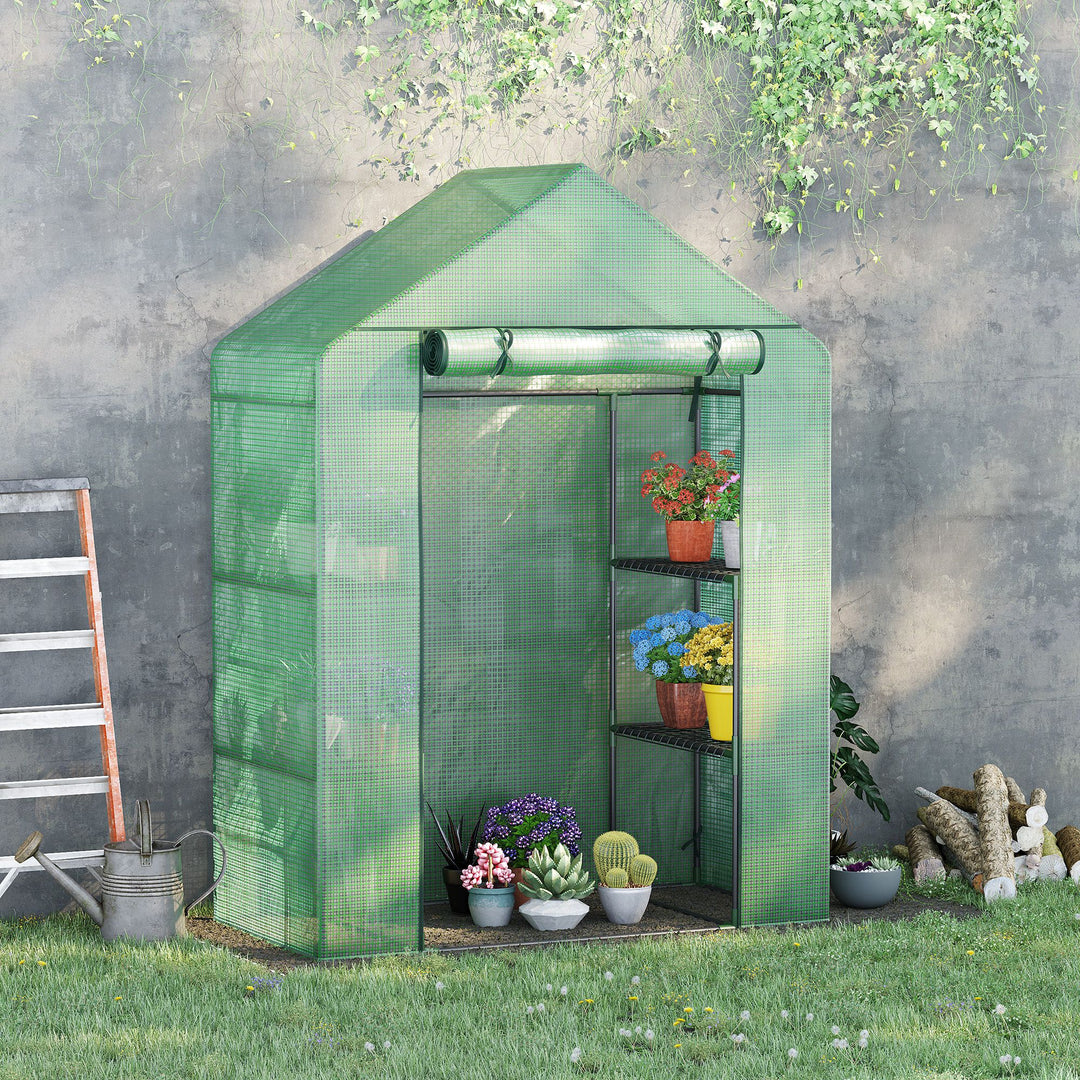 Outsunny Walk-In Greenhouse Portable Gardening Plant Grow House with 2 Tier Shelf, Roll-Up Zippered Door and PE Cover, 141 x 72 x 191 cm