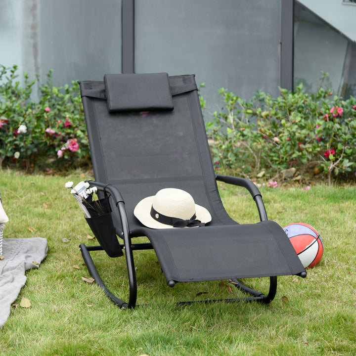 Breathable Mesh Rocking Chair Patio Rocker Lounge for Indoor &amp; Outdoor Recliner Seat w/ Removable Headrest for Garden and Patio Black