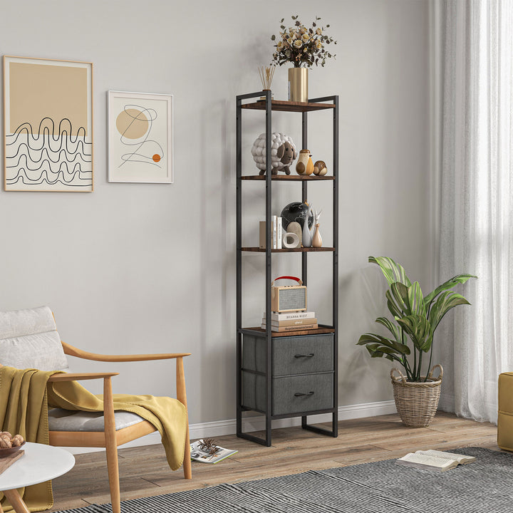 Industrial Bookcase with 2 Fabric Drawers and Metal Frame