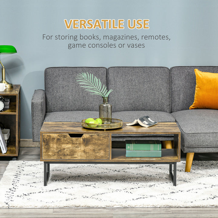 HOMCOM Industrial Coffee table Wooden End Table with Shortage Shelf and Drawer Modern Sofa Table Metal Frame, Rustic Brown 106W x 48D x 43H cm