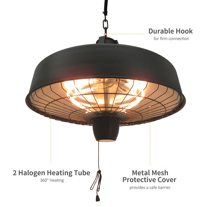 Adjustable Power 1000/2500W Infrared Halogen Electric Light Heater, Ceiling Hanging Mount -Black