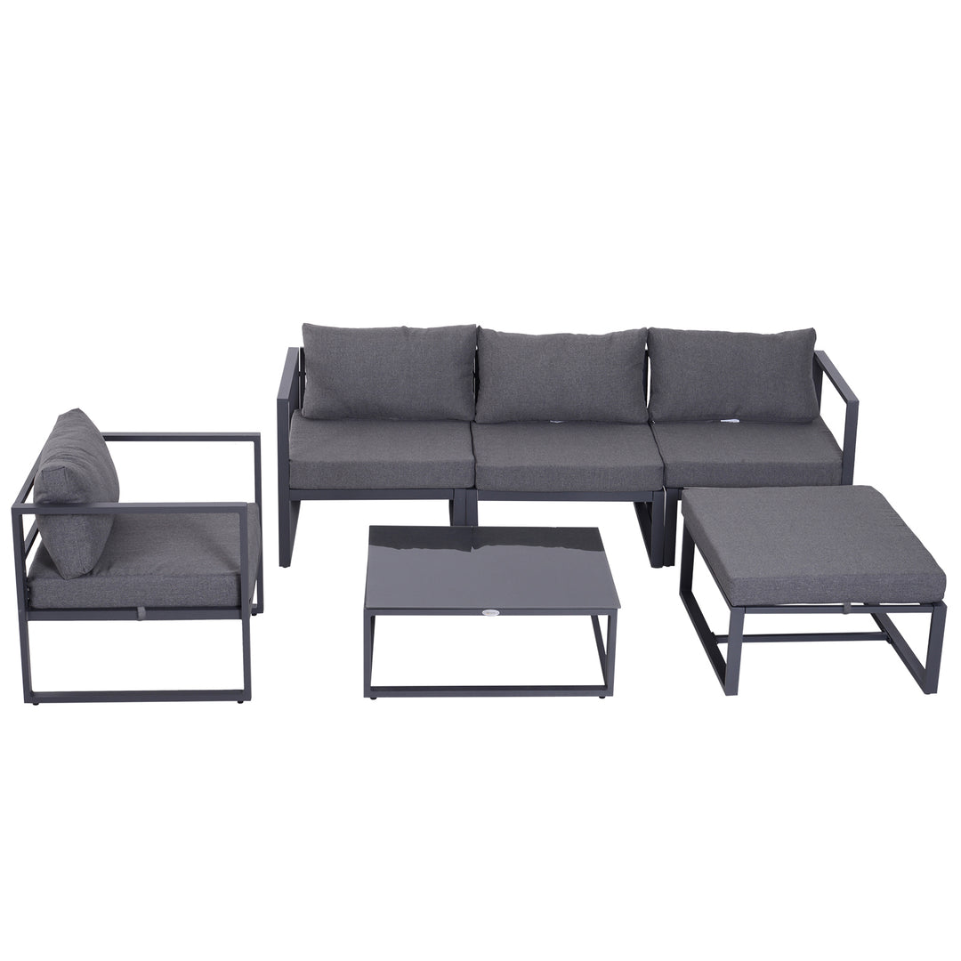 6 PCs Outdoor Indoor Sectional Sofa Set Thick Padded Cushions Aluminium Frame 5 Seaters 1 Coffee Table Footrest Grey