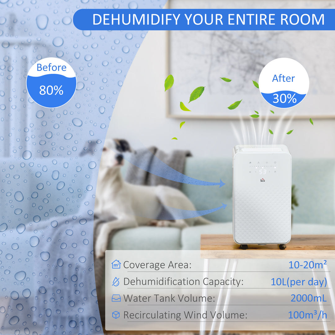 2000mL Portable Dehumidifier with Air Purifier, 24H Timer, 5 Modes, 10L/Day, for Home Laundry, White