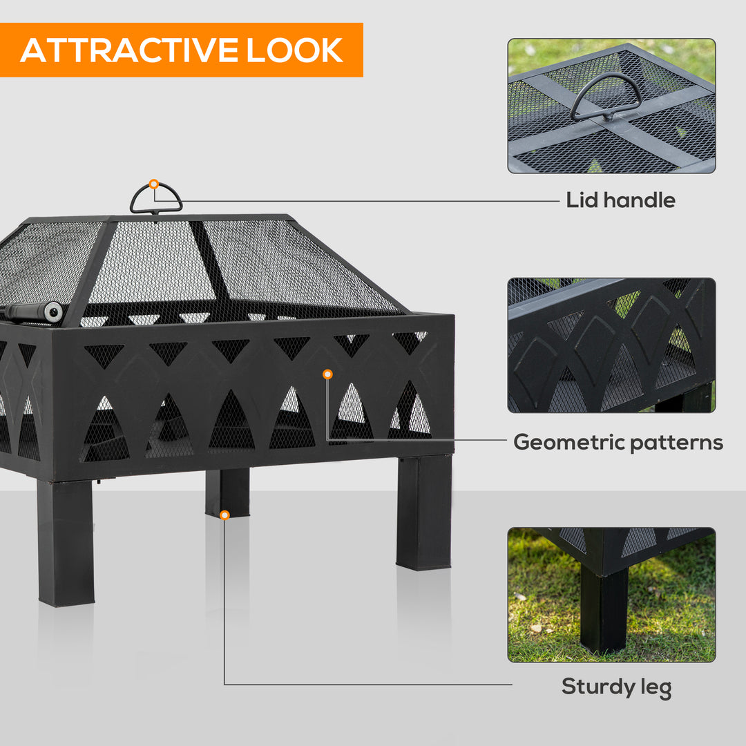 Outsunny Outdoor Fire Pit with Screen Cover, Wood Burner, Log Burning Bowl with Poker for Patio, Backyard, Black