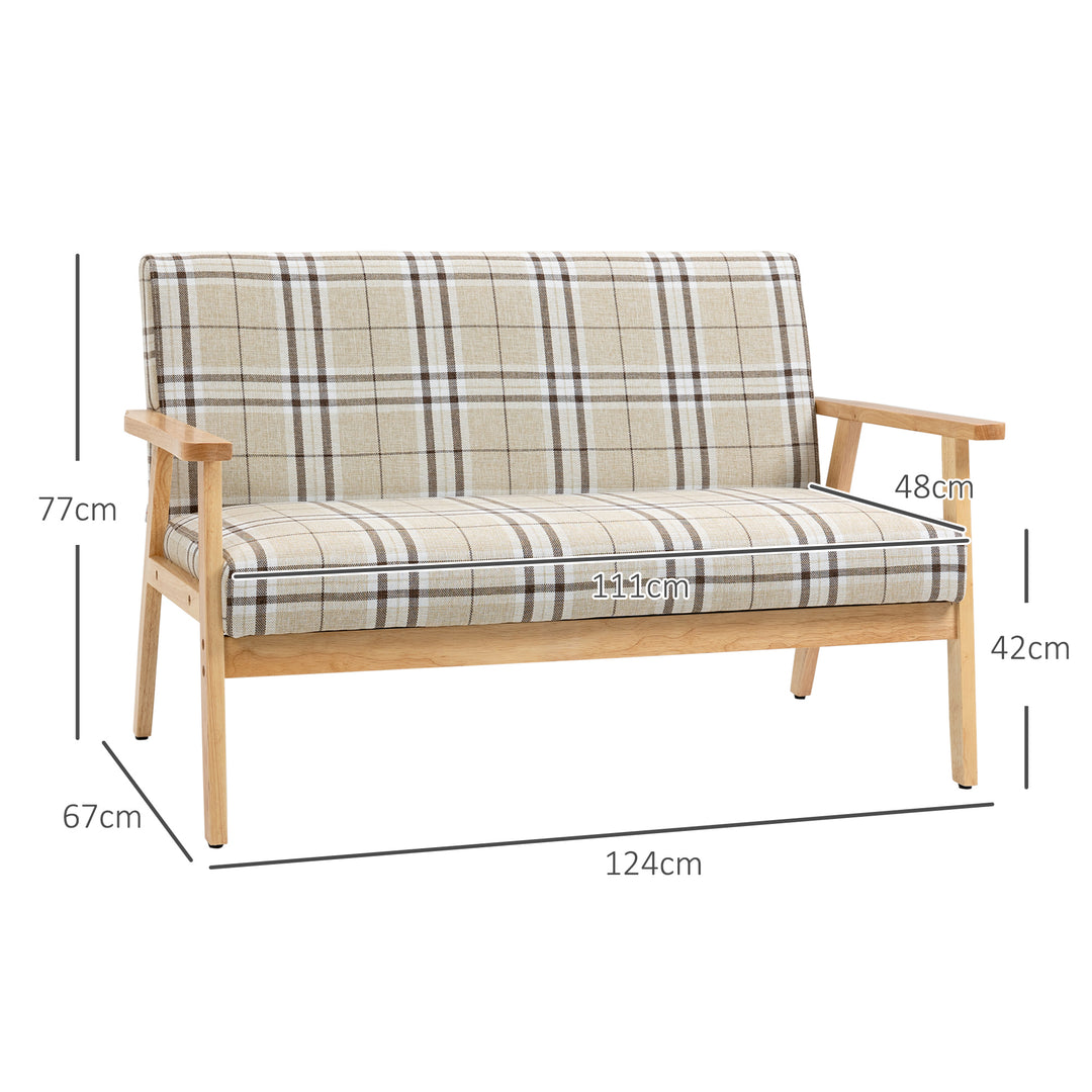 Compact Loveseat Couch Double Seat Sofa with Lattice Pattern and Rubber Wood Frame Beige and Coffee