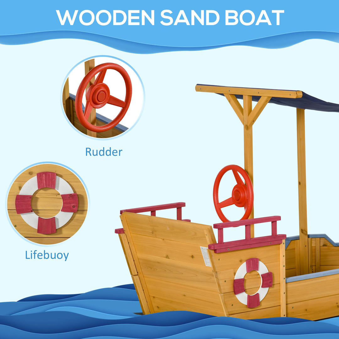 Kids Wooden Sandbox Play Station, Covered Children Sand boat Outdoor, for Backyard, w/ Canopy Shade, Aged 3-8 Years Old, Orange