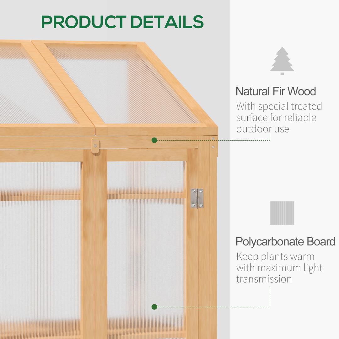 Outsunny Wooden Greenhouse, Cold Frame Grow House with Polycarbonate Semi Transparent Glazing, Openable Lid and Double Door, 70 x 50 x 120cm, Brown