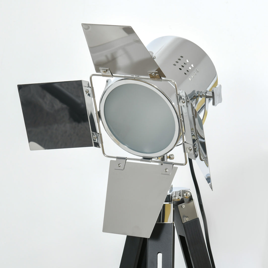 Industrial Tripod Floor Lamp, Nautical Cinema Standing Spotlight with Wood Legs and Adjustable Height for Living, Bedroom, Black and Silver