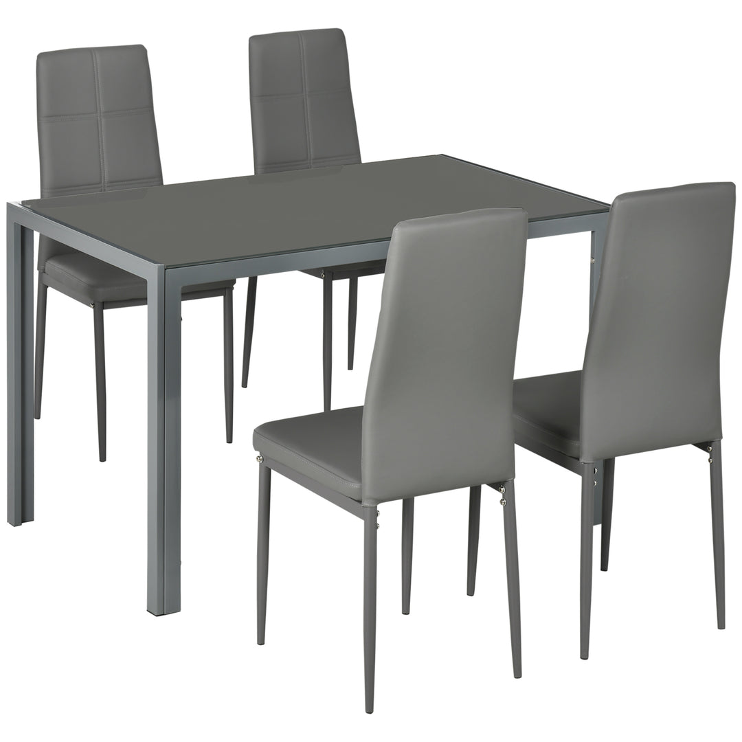 5-Piece Kitchen Dining Table Set with 4 Faux Leather Metal Frame Chairs Glass Tabletop Desk for Dining Room, Kitchen, Dinette, Grey