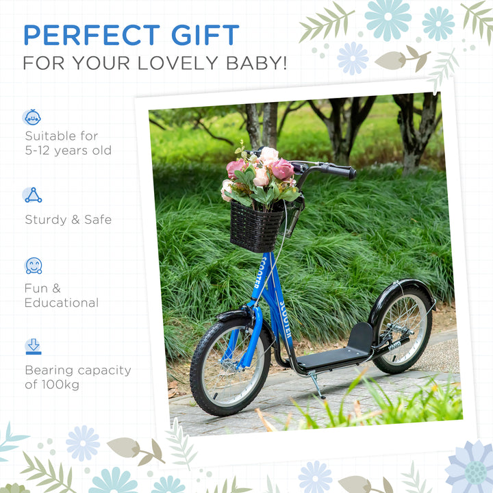 Kids Kick Scooter Teen Ride On Children Scooter with Adjustable Handlebar 2 Brakes Basket Cupholder Mudguard 16" Inflatable Rubber Tyres Blue