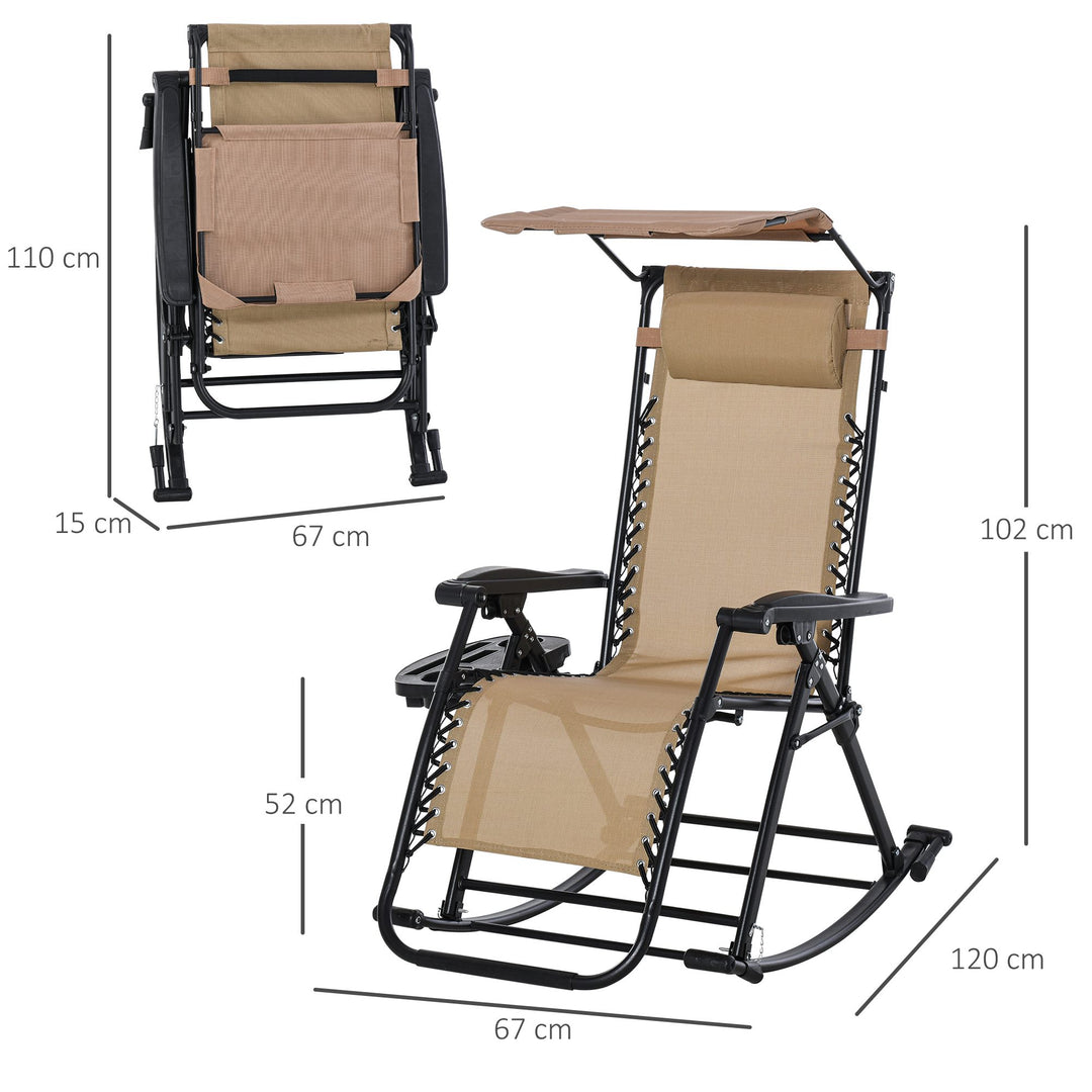 Garden Rocking Chair Folding Recliner with Headrest Side Holder Patio Deck - Beige