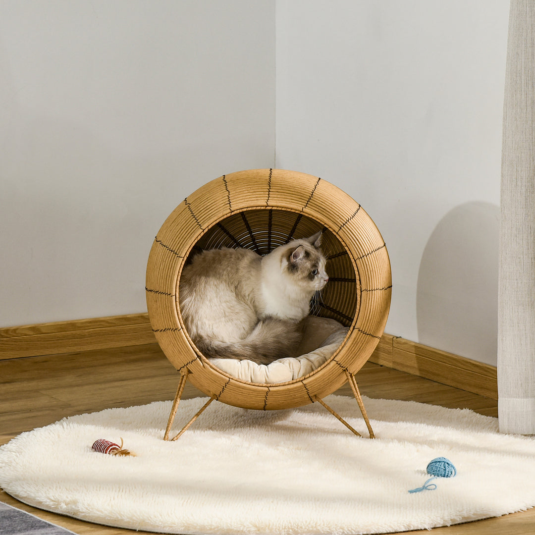 Wicker Cat Bed Elevated Rattan Kitten Basket Pet Den. House Cozy Cave with Soft Cushion Φ52 x 58cm Light Brown