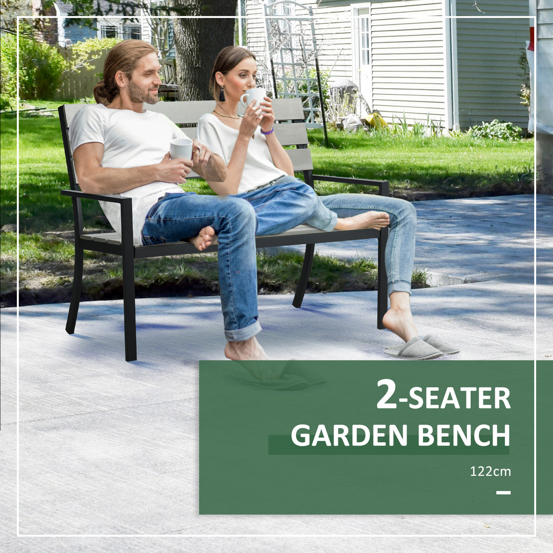 2 Seater Garden Bench, Slatted Outdoor Bench with Steel Frame, Garden Loveseat, 122 x 65 x 92 cm, Grey