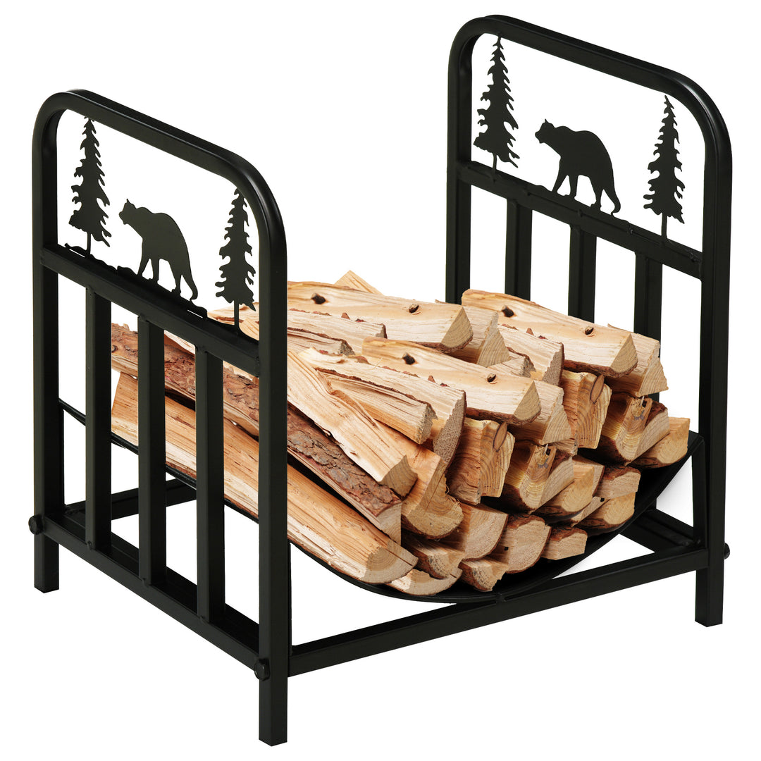 Outsunny Firewood Log Rack Curved Fireplace Log Holder Wood Storage Rack with Handles, Bear Shape Design, Outdoor and Indoor, 42 x 33.5 x 43 cm, Black