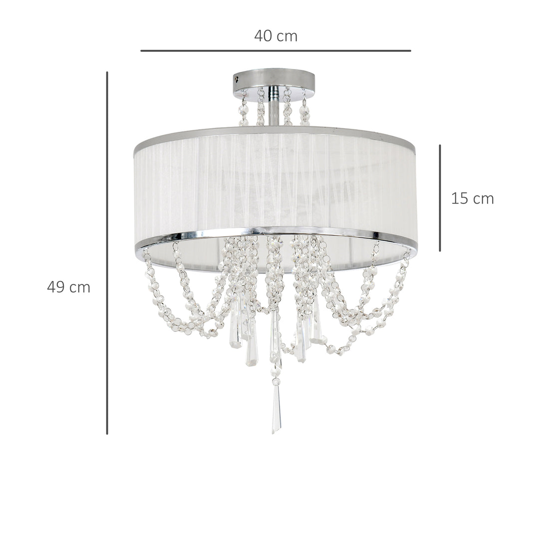 Elegant Metal Ceiling Light Chandelier with Pleated Fabric Lampshade, Decorative Crystal Pendants, for Living Room, Dining Room, Bedroom, White