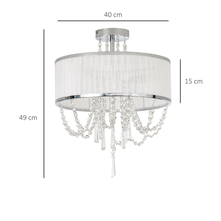 Elegant Metal Ceiling Light Chandelier with Pleated Fabric Lampshade, Decorative Crystal Pendants, for Living Room, Dining Room, Bedroom, White