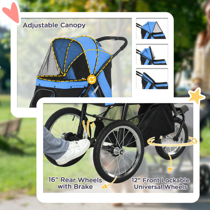 Pet Stroller Dog Pram Foldable Dog Pushchair Cat Travel Carriage w/ Adjustable Canopy, Wheels, for Medium Small Pets, Blue