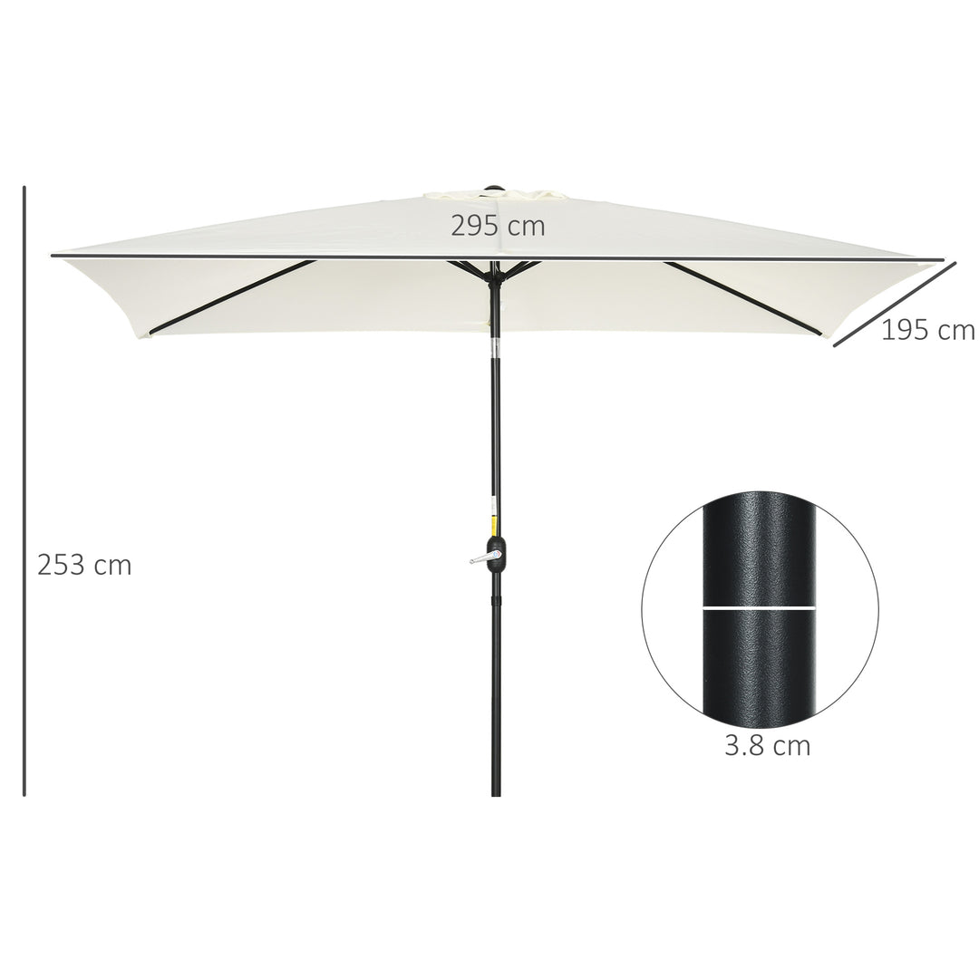 3x2m Patio Parasol Garden Umbrellas Canopy with Aluminum Tilt Crank Rectangular Sun Shade Steel, Cream White