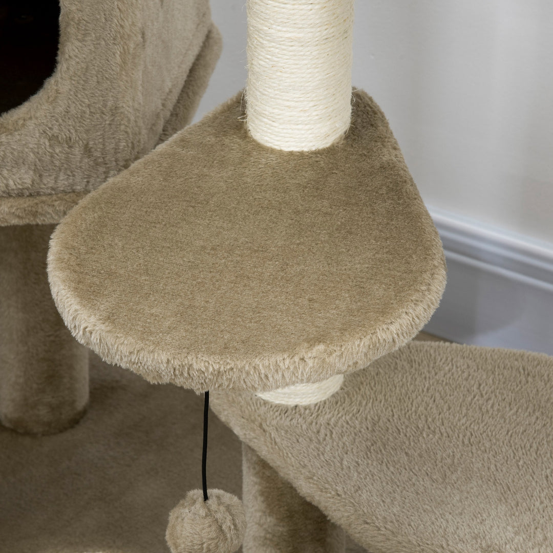 Cat Tree, Cat Tower for Indoor Cats with Sisal Scratching Post, Ramp, Kitten Bed, Condo, Ball Toy, Brown, 55x55x94 cm