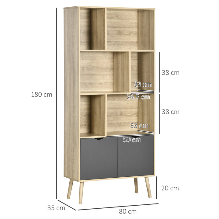 Modern Bookcase with Bottom Cabinet and 6 Open Shelves, Freestanding Bookshelf for Study Living Room Home Office, Natural and Dark Grey