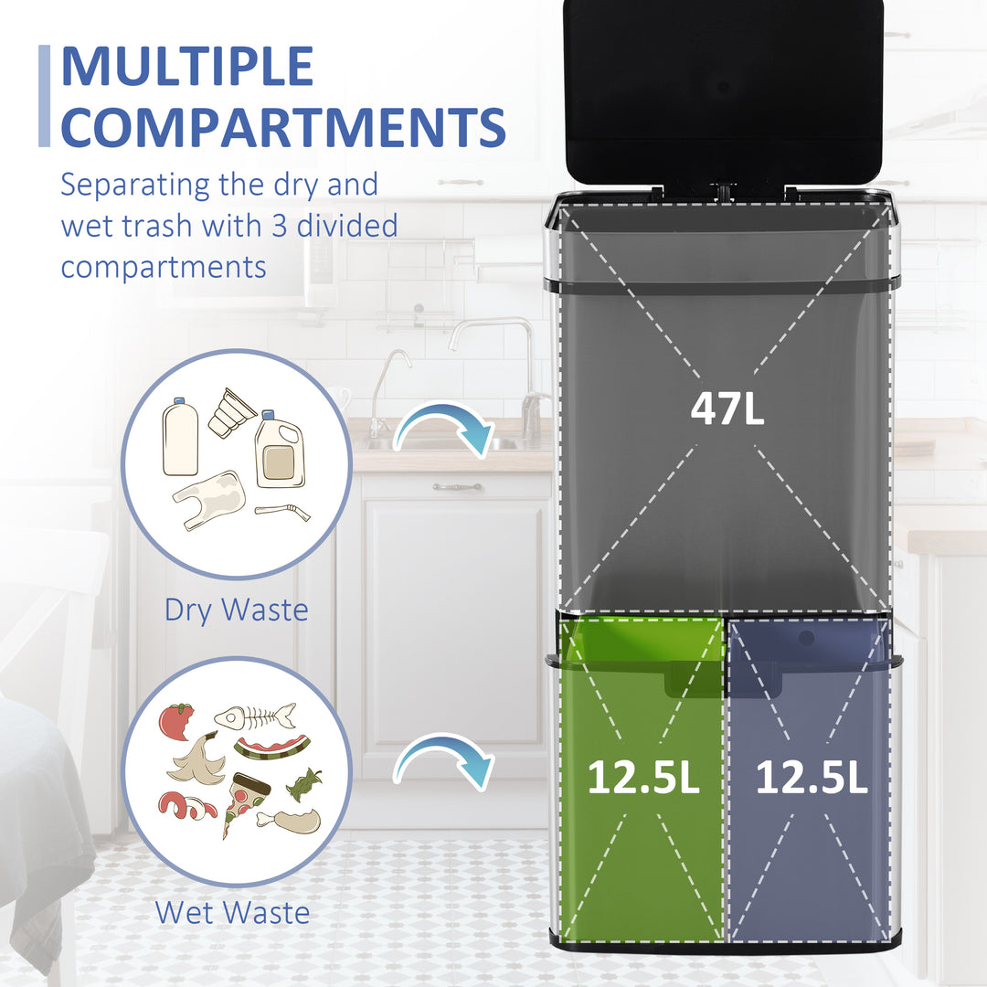 72L Recycling Sensor Bin, Stainless Steel 3 Compartments for Both Wet or Dry Waste with Removable Lid Kitchen Home