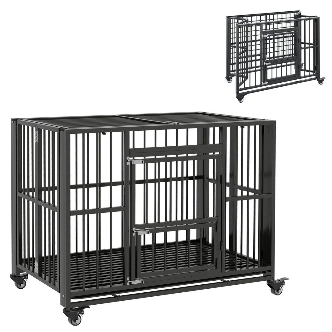 Heavy Duty Foldable Dog Crate, w/ Openable Top and Wheels-Black