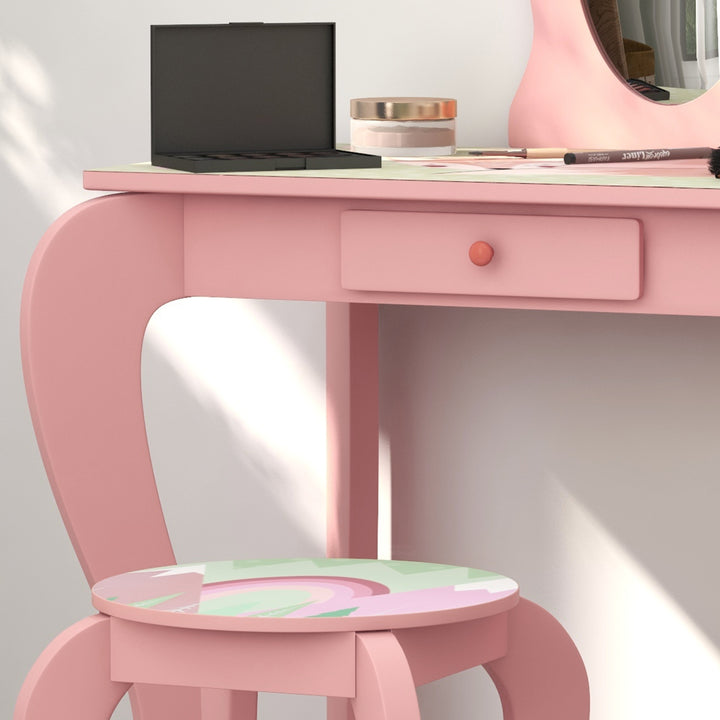 Kids Dressing Table with Mirror and Stool, Girls Vanity Table Makeup Desk with Drawer for 3-6 Years - Pink