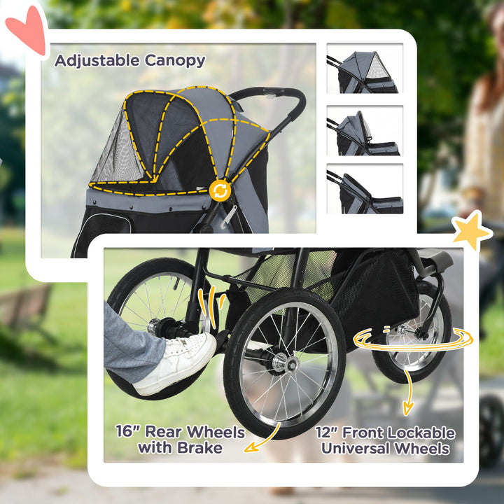 Pet Stroller Jogger for Medium Small Dogs, Foldable Cat Pram Dog Pushchair with Adjustable Canopy, 3 Big Wheels, Grey