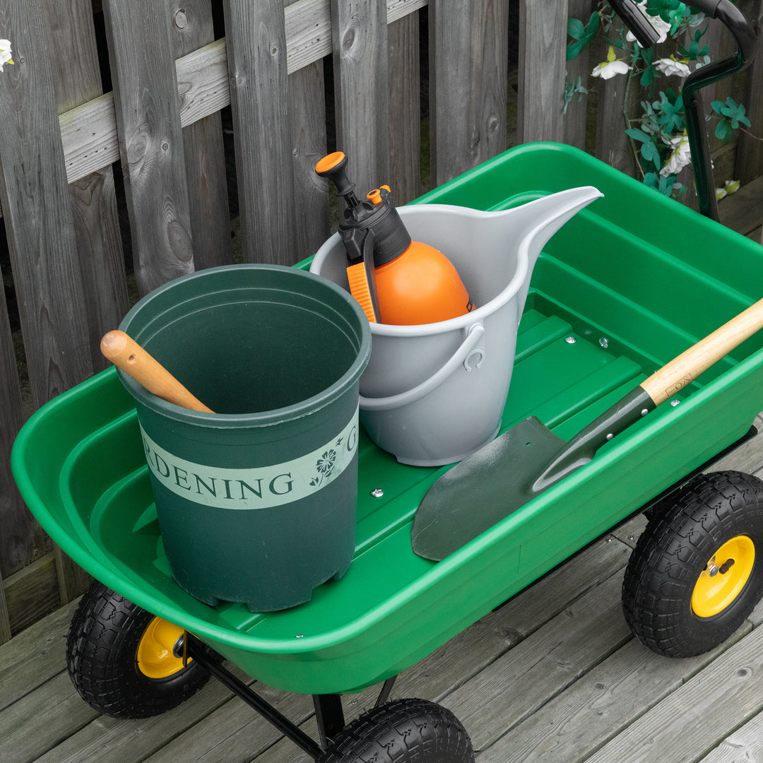 Outsunny 75 Litre Large Garden Cart Heavy Duty 4 Wheel Trolley Dump Wheelbarrow Tipping Truck Trailer - Green