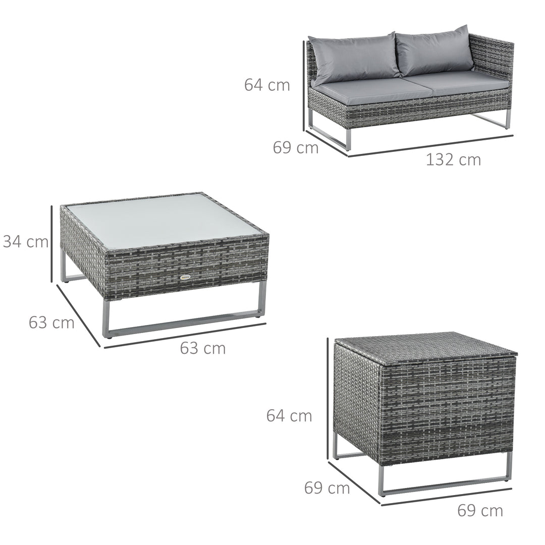 4 PCs Garden Rattan Wicker Outdoor Furniture Patio Corner Sofa Love Seat and Table Set  with Cushions Side Desk Storage - Mixed Grey