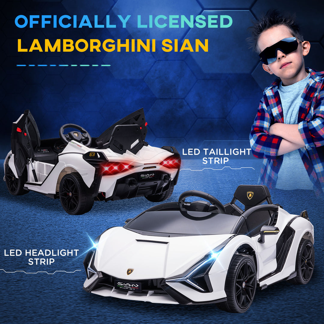 Compatible 12V Battery-powered Kids Electric Ride On Car Lamborghini SIAN Toy with Parental Remote Control Lights MP3 for 3-5 Years Old White