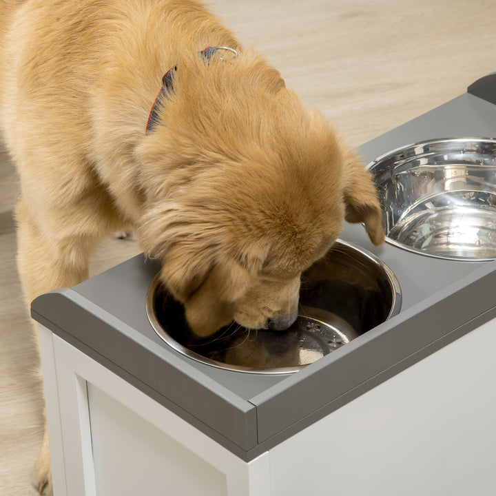 PawHut Stainless Steel Raised Dog Bowls with 21L Storage Drawer for Large Dogs and Cats - White